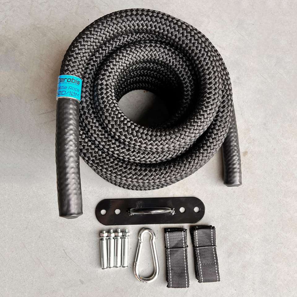 Тренировочный канат AEROBIS Battle Rope V2 длина 15 м, диаметр 30 мм, вес 8 кг, черный